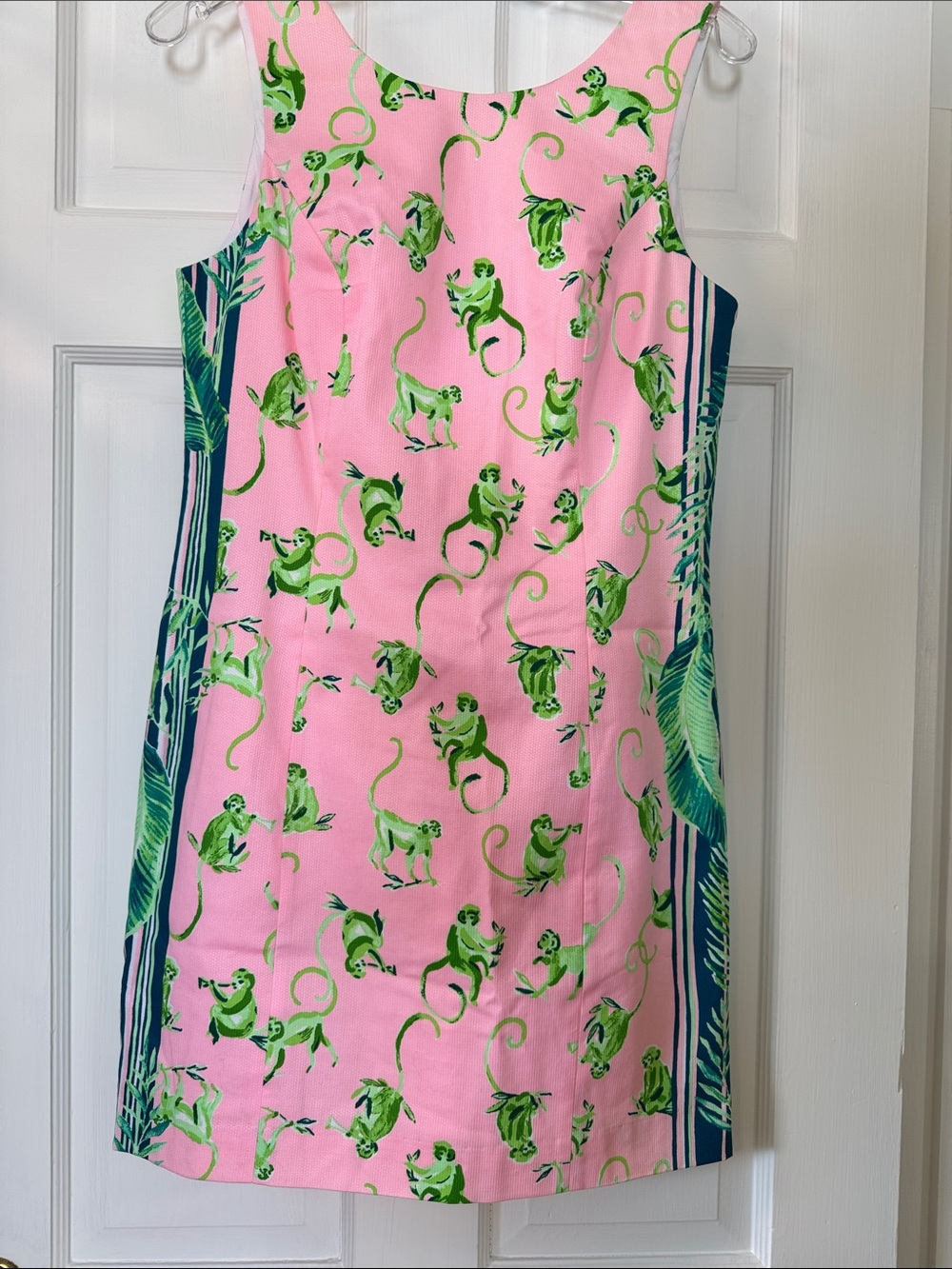 Lilly Pulitzer Pink Shift Dress with Green Monkey Print and Navy Palm Panels